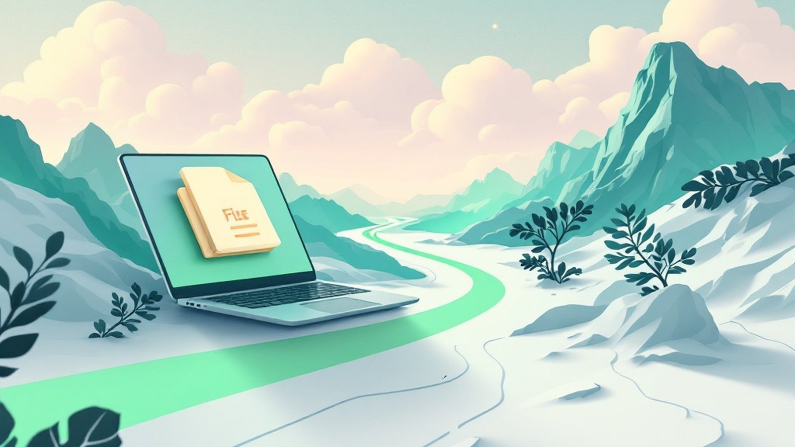 Flat illustration of a file moving from a laptop to a device