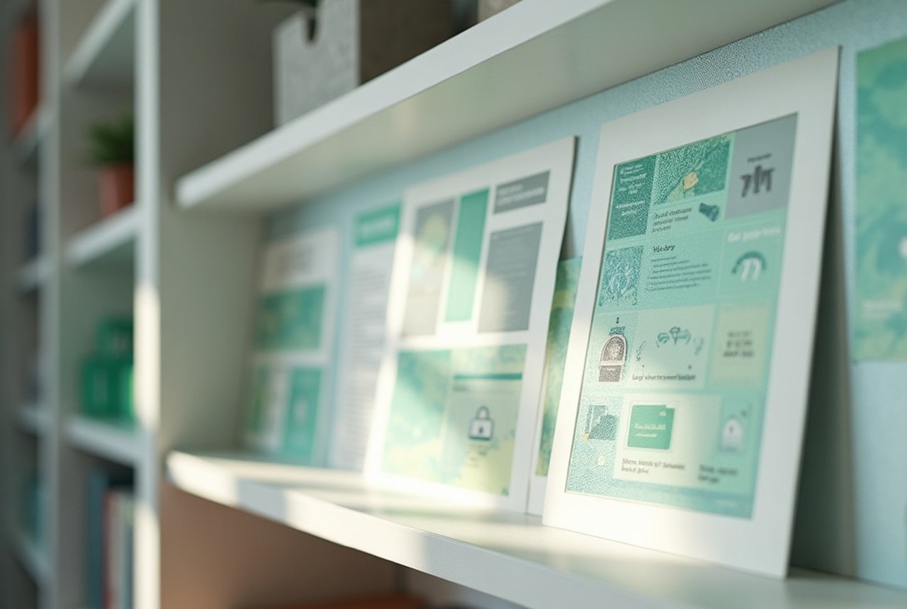 Flat vector: a neat grid of abstract storage-service tiles on a shelf, one highlighted in signal green, minimal geometric style