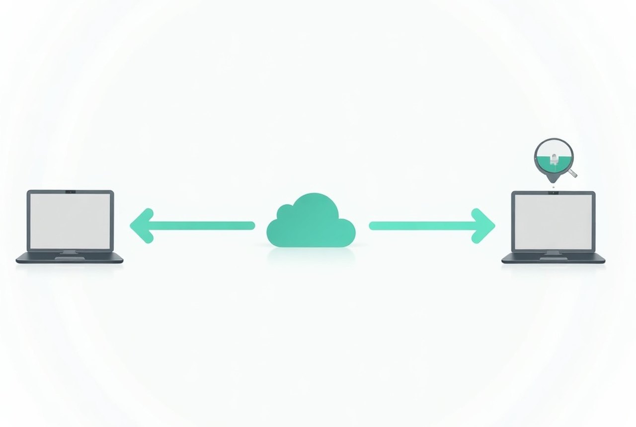 Flat vector diagram: three copies of a file — laptop, external drive, cloud — connected by green lines, one marked off-site