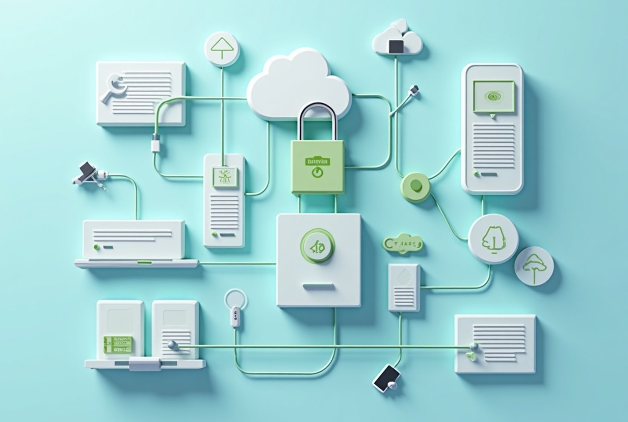 Flat vector: a padlock formed from two device icons with a green key line between only them, minimal geometric style